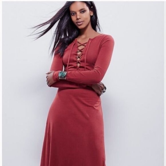 Free People Burgundy Lace Up Long Sleeve Jersey Maxi Dress - Picture 4 of 16
